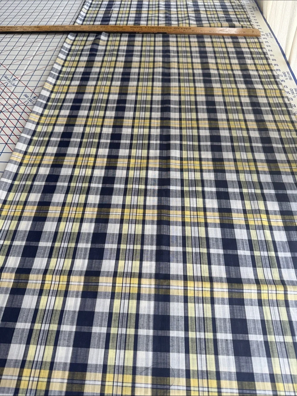Vintage Yarn-Dyed Plaid Fabric 1 Yard x 44 Plus Bonus Remnant Navy Gray Yellow